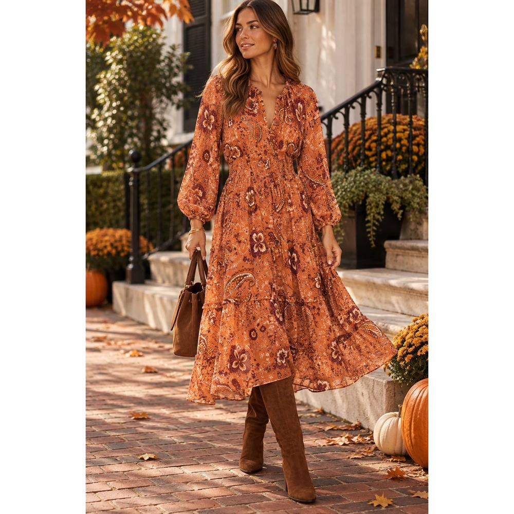 Cleobella Elowen Fall Ankle Midi Dress Paisley Smocked Boho (MSRP: $298) XS